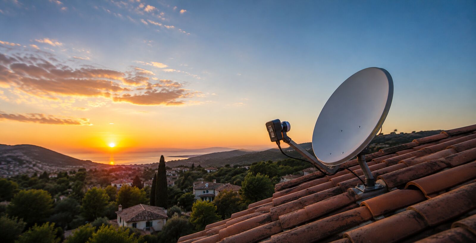 Parabola satellitare installata su un tetto in tegole agli Hauts de Vaugrenier, a Villeneuve-Loubet, per la ricezione dei canali italiani